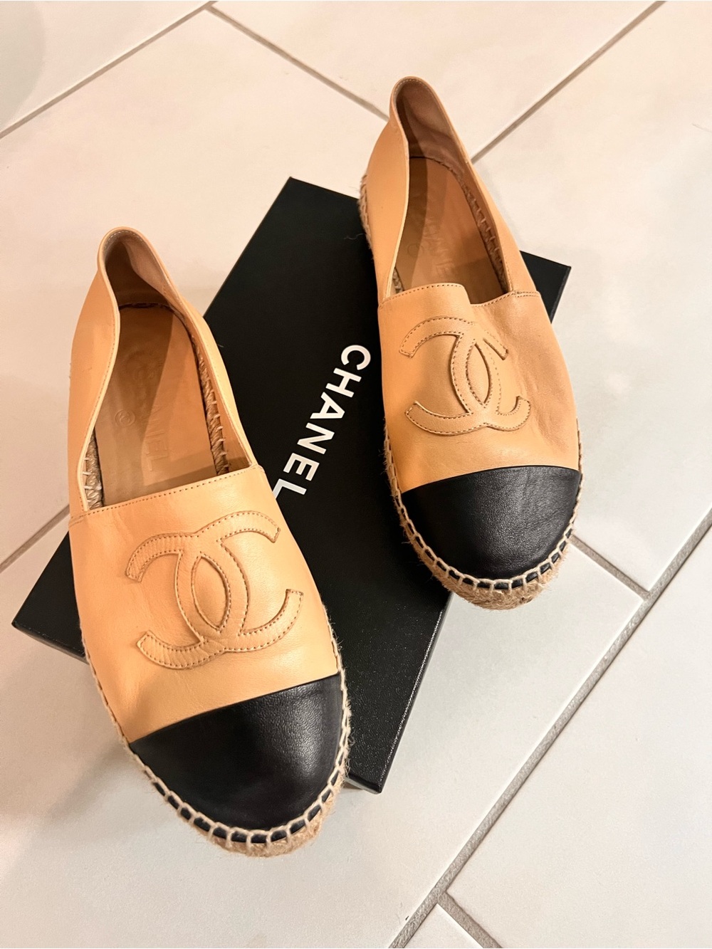 CHANEL Two-Tone Leather Espadrilles in Tan and Black